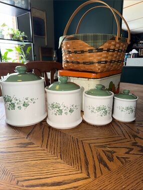 White Ceramic Canister Set with Green Ivy Leaf Pattern
